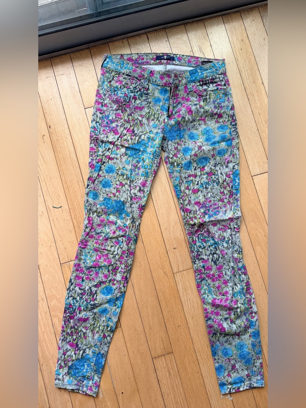 7 Jeans Floral Print Skinny Pants - Blue & Pink